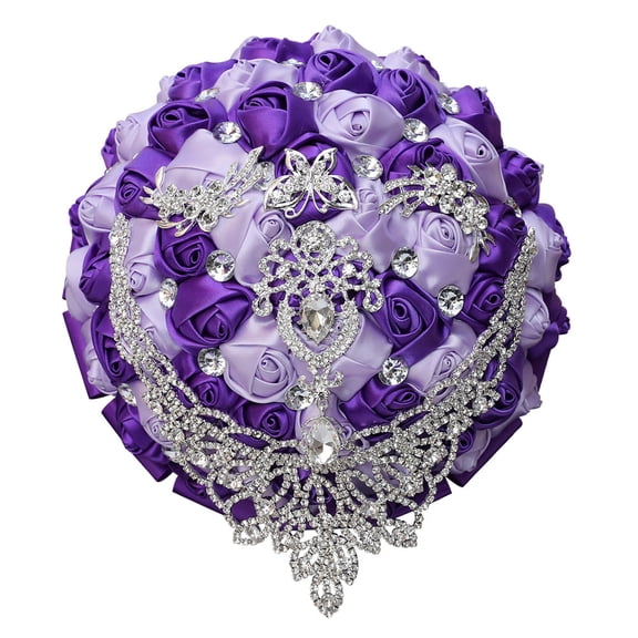 Namzi 1 Piece Vintage Wedding Bouquet, Satin Ribbon Rhinestone Bridal Bouquet, Ideal for Vintage Theme Evening Wedding Celebrations,Purple Light Purple