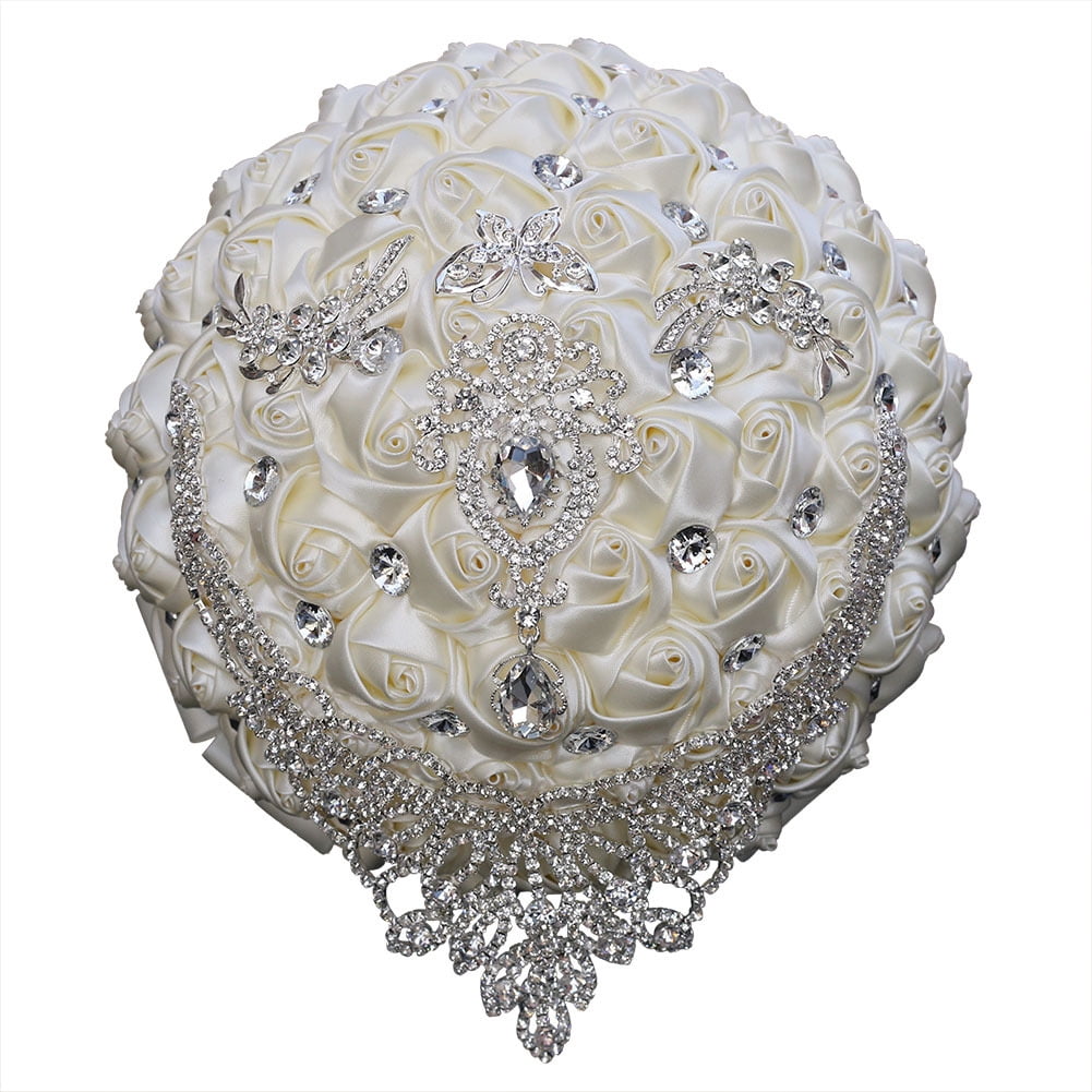 Namzi 1 Piece Vintage Wedding Bouquet, Satin Ribbon Rhinestone Bridal Bouquet, Ideal for Vintage Theme Evening Wedding Celebrations,Beige