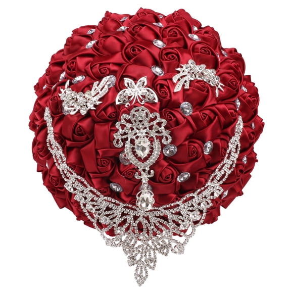 Namzi 1 Piece Vintage Wedding Bouquet, Satin Ribbon Rhinestone Bridal Bouquet, Ideal for Vintage Theme Evening Wedding Celebrations,Dark Red