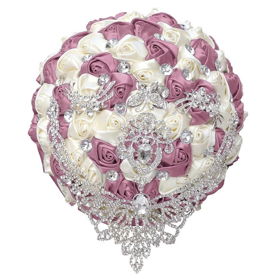 Namzi 1 Piece Vintage Wedding Bouquet, Satin Ribbon Rhinestone Bridal Bouquet, Ideal for Vintage Theme Evening Wedding Celebrations,Purple Red Beige