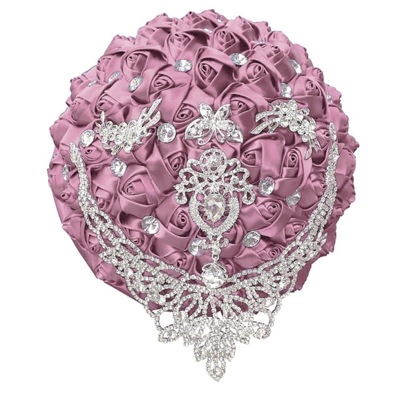Namzi 1 Piece Vintage Wedding Bouquet, Satin Ribbon Rhinestone Bridal Bouquet, Ideal for Vintage Theme Evening Wedding Celebrations,Purple Red