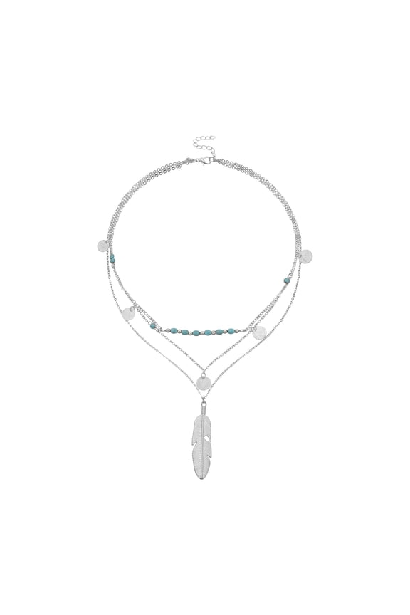 1 Piece of Multi Layered Long Necklace,Turquoise Sequin Necklace,Feather Beaded Sweater Chain,Fashionable Jewelry Gift,Silver