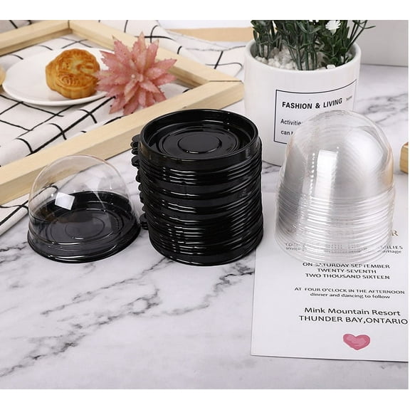 Namzi 100 PCS Clear Plastic Mini Cupcake Box Round Cupcake Mooncake Dessert Container Box Cookies Muffins Dome Box for Weddings Birthdays and Other Holiday Parties Gift Box (Black)