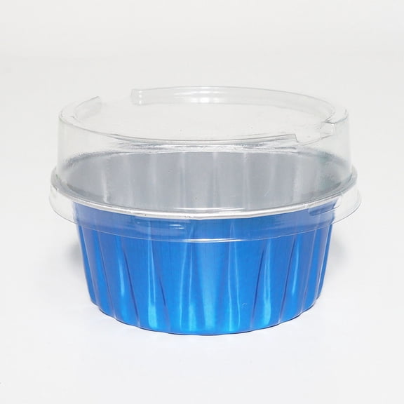 Namzi 100 Pack Mini Disposable Cake Pans, Aluminum Foil Circular Baking Cups, 3.3x3.3 Small Baking Cake Tins Cup Cake Containers with Lids for Individual Cakes (Blue)