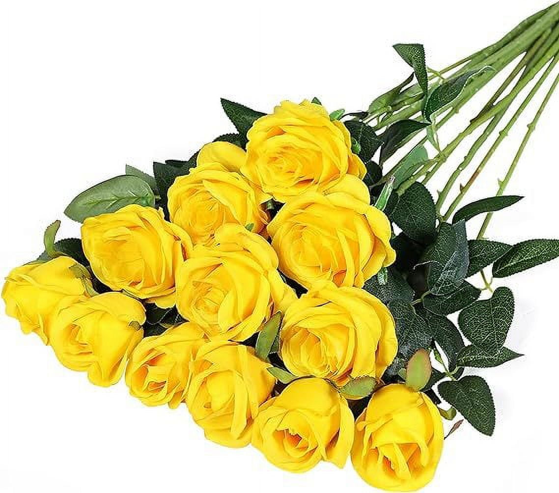 Namzi 12 Bouquets of Artificial Silk Flowers Realistic Rose Bouquets with Long Stems for Home Wedding Decoration Party (Yellow)
