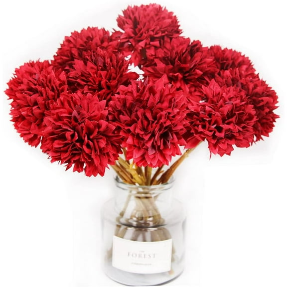 Namzi 12Pcs Artificial Chrysanthemum Flowers Faux Red Ball Flowers Burgundy Fall Flowers for Christmas (Red)