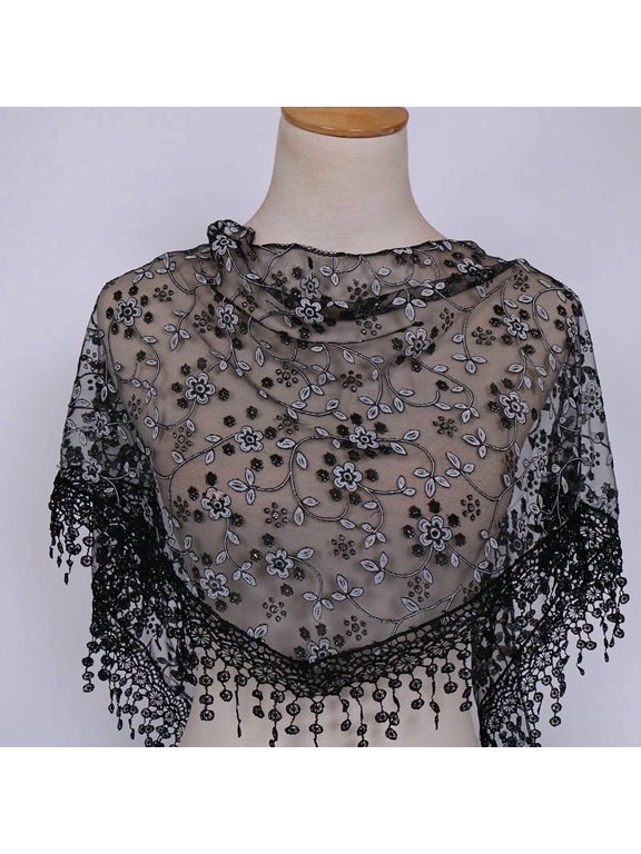 138x40cm Triangle Lace Shawl Lightweight Soft Leaf Pattern Fringe Scarf for Evening Events, Weddings Elegant Draping,Black