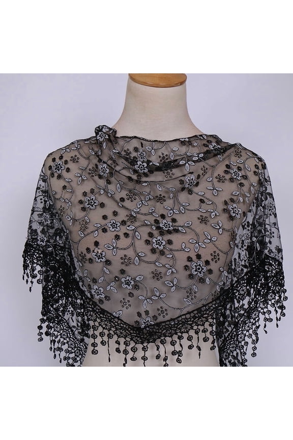 138x40cm Triangle Lace Shawl Lightweight Soft Leaf Pattern Fringe Scarf for Evening Events, Weddings Elegant Draping,Black
