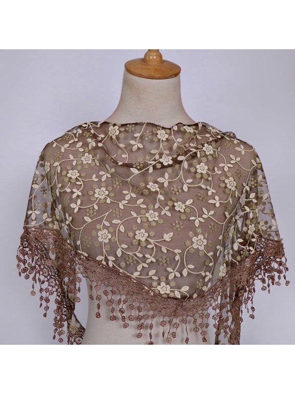 138x40cm Triangle Lace Shawl Lightweight Soft Leaf Pattern Fringe Scarf for Evening Events, Weddings Elegant Draping,Brown