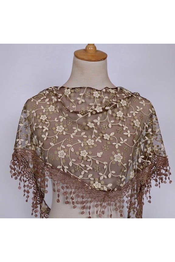 138x40cm Triangle Lace Shawl Lightweight Soft Leaf Pattern Fringe Scarf for Evening Events, Weddings Elegant Draping,Brown