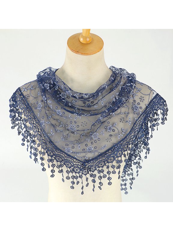 138x40cm Triangle Lace Shawl Lightweight Soft Leaf Pattern Fringe Scarf for Evening Events, Weddings Elegant Draping,Dark Blue