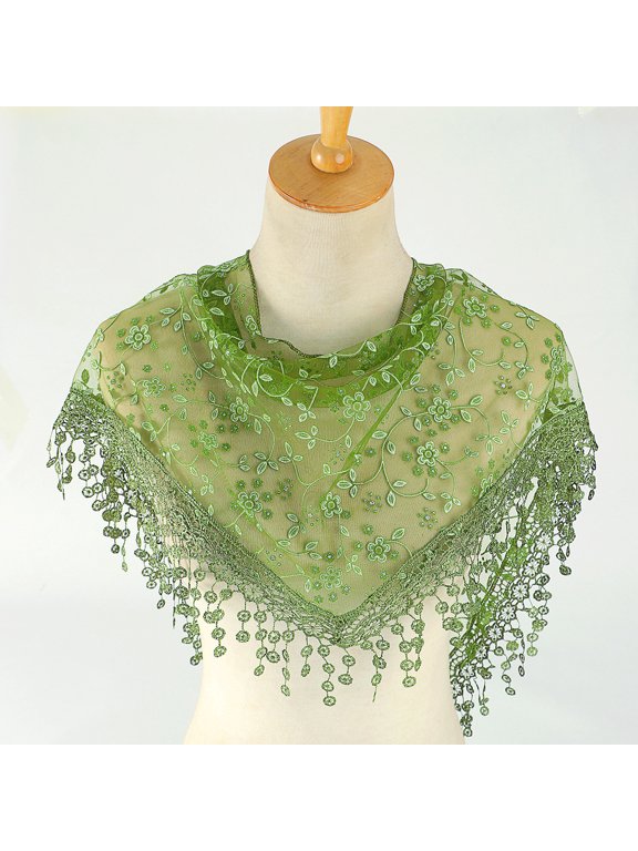 138x40cm Triangle Lace Shawl Lightweight Soft Leaf Pattern Fringe Scarf for Evening Events, Weddings Elegant Draping,Dark Green