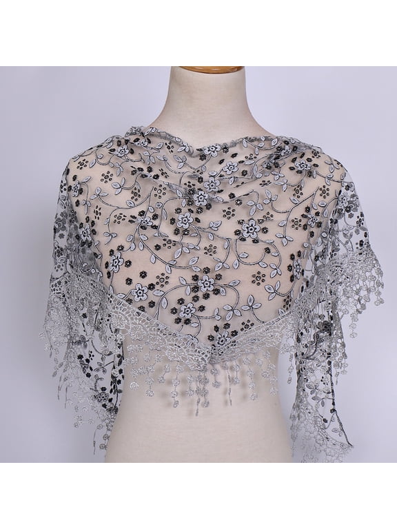 138x40cm Triangle Lace Shawl Lightweight Soft Leaf Pattern Fringe Scarf for Evening Events, Weddings Elegant Draping,Dark Grey