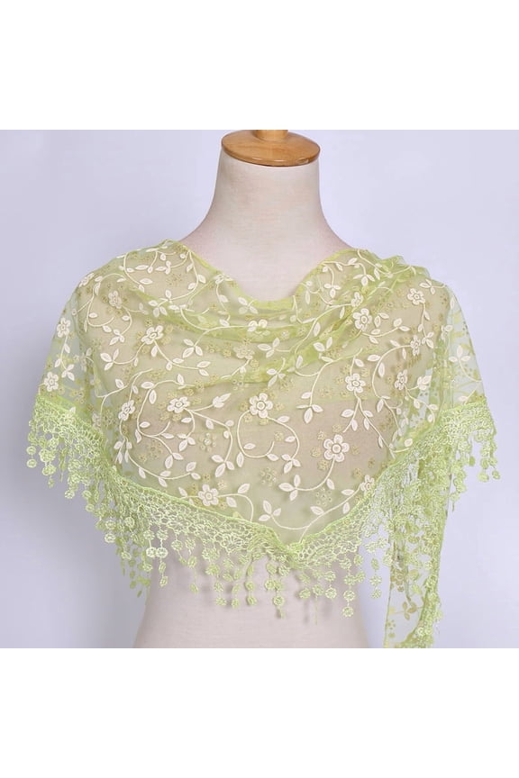 138x40cm Triangle Lace Shawl Lightweight Soft Leaf Pattern Fringe Scarf for Evening Events, Weddings Elegant Draping,Light Green