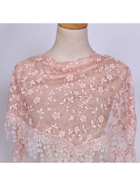 138x40cm Triangle Lace Shawl Lightweight Soft Leaf Pattern Fringe Scarf for Evening Events, Weddings Elegant Draping,Light Pink