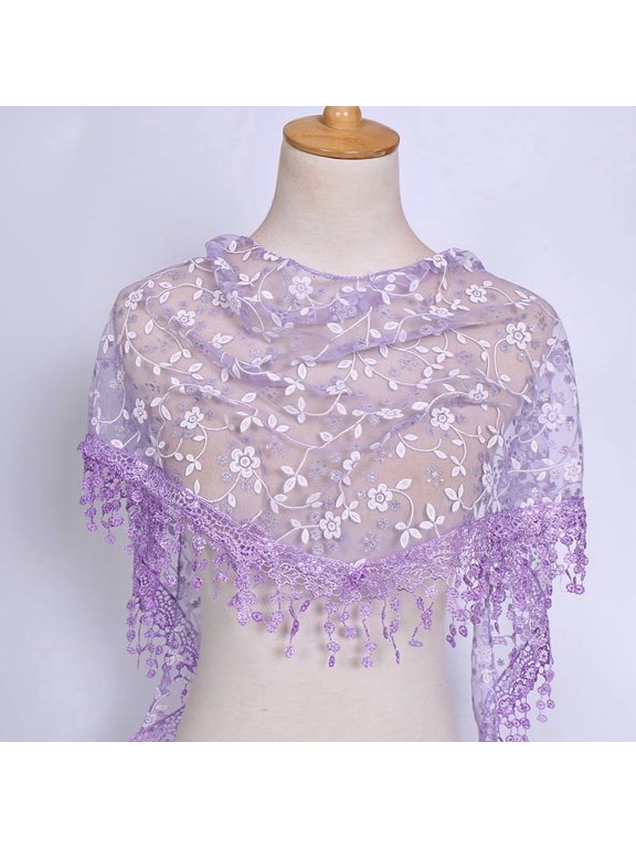 138x40cm Triangle Lace Shawl Lightweight Soft Leaf Pattern Fringe Scarf for Evening Events, Weddings Elegant Draping,Light Purple