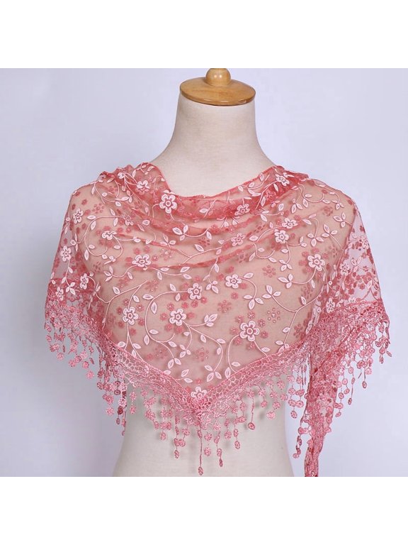 138x40cm Triangle Lace Shawl Lightweight Soft Leaf Pattern Fringe Scarf for Evening Events, Weddings Elegant Draping,Light Red