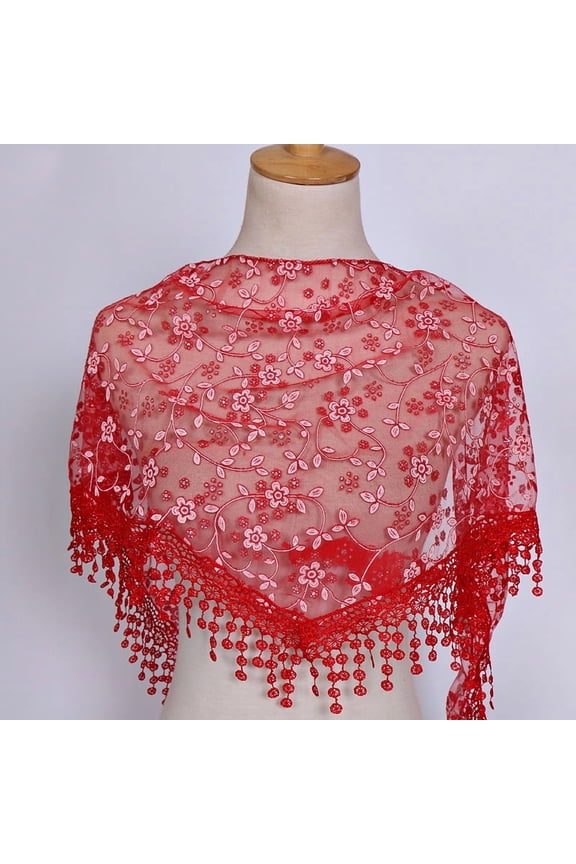 138x40cm Triangle Lace Shawl Lightweight Soft Leaf Pattern Fringe Scarf for Evening Events, Weddings Elegant Draping,Red