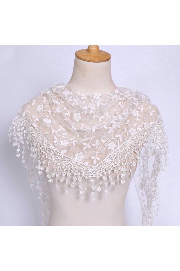 138x40cm Triangle Lace Shawl Lightweight Soft Leaf Pattern Fringe Scarf for Evening Events, Weddings Elegant Draping,White