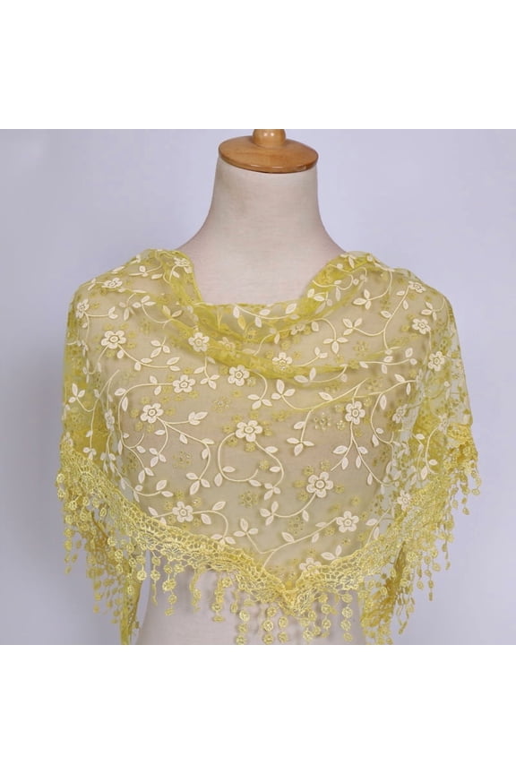 138x40cm Triangle Lace Shawl Lightweight Soft Leaf Pattern Fringe Scarf for Evening Events, Weddings Elegant Draping,Yellow