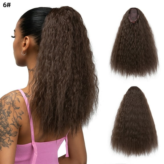 Namzi 16inch Long Corn Curly Wave Drawstring Ponytail Synthetic High Puff Hair Pieces With Comb Black Wavy Clip in Extensions Medium Brown