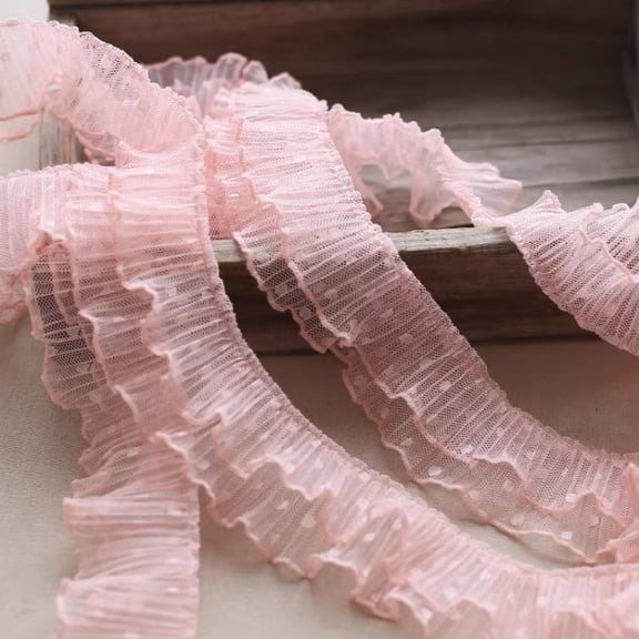 Namzi 180*1.97 Inch Double Layer Polka Dot Pleated Lace Trimmings,Flesh Pink Mesh lace trim for Adding Decorative Edging to Clothes,Collars,Cuffs,Pillowcases,Curtains