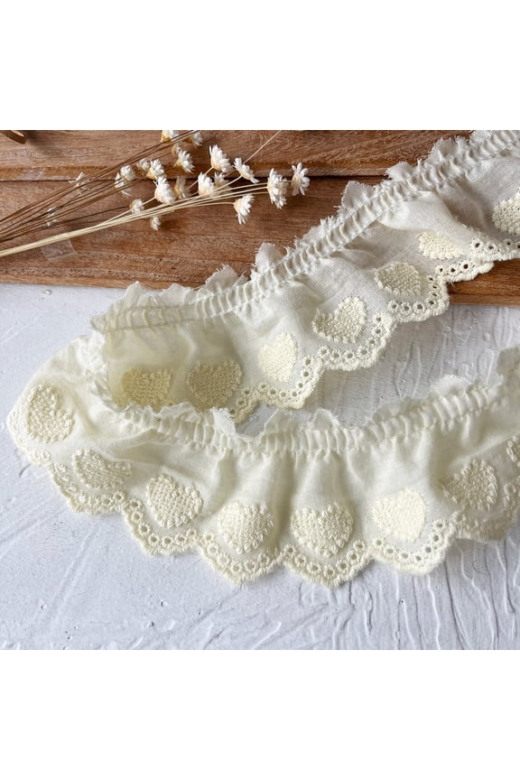 196.85*1.77 Inch Light Yellow Cotton Embroidered Heart Pattern Lace Trimmings for DIY Handcrafted Accessories,Pajamas,Skirt Hem,Neckline,Cuffs and Home Textiles
