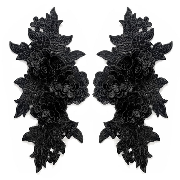 Namzi 1Pair Black Polyester 3D Floral Embroidery Lace Applique 9.84*5.12 In, Raised Flower Patch for Couture Neckline Garment Embellishment