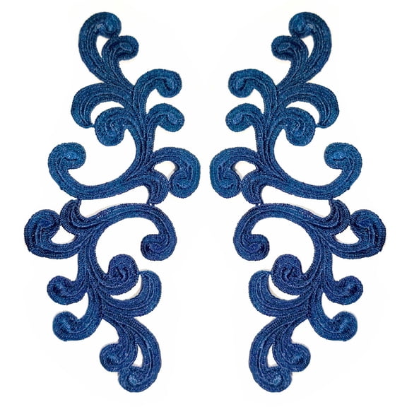 Namzi 1Pair Dark Blue Polyester Scroll Embroidery Lace Applique 7.87*3.54 Inch, Curly Pattern Fabric Patch for DIY Costumet Sewing Accessory