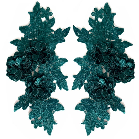 Namzi 1Pair Dark Green Polyester 3D Floral Embroidery Lace Applique 9.84*5.12 In, Raised Flower Patch for Couture Neckline Garment Embellishment