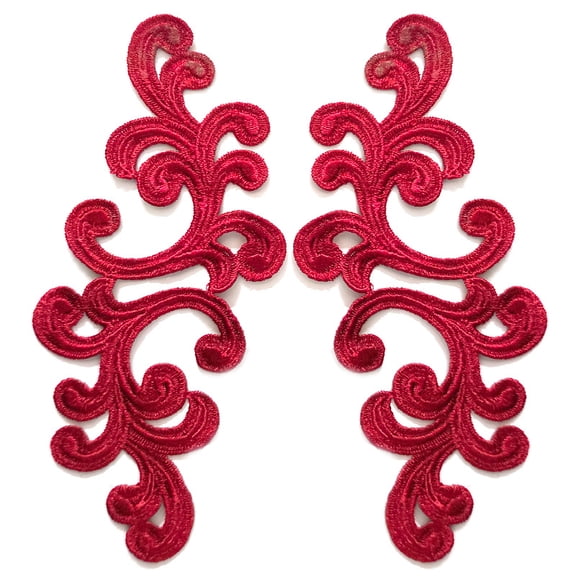 Namzi 1Pair Dark Red Polyester Scroll Embroidery Lace Applique 7.87*3.54 Inch, Curly Pattern Fabric Patch for DIY Costumet Sewing Accessory