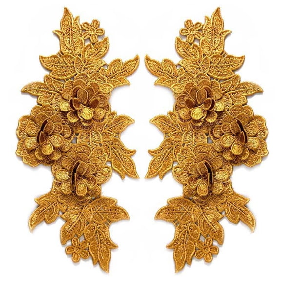 Namzi 1Pair Golden Polyester 3D Floral Embroidery Lace Applique 9.84*5.12 In, Raised Flower Patch for Couture Neckline Garment Embellishment