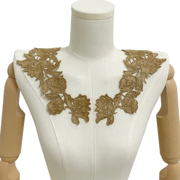 Namzi 1Pair Golden Polyester Floral Embroidered Shoulder Lace Applique 9.84*4.33 In, Symmetric Neckline Patch for DIY Garment Handcraft Accessory