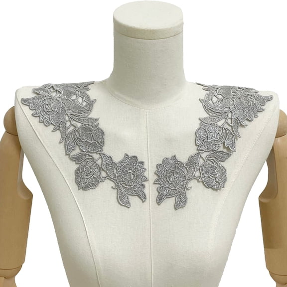 Namzi 1Pair Gray Polyester Floral Embroidered Shoulder Lace Applique 9.84*4.33 In, Symmetric Neckline Patch for DIY Garment Handcraft Accessory