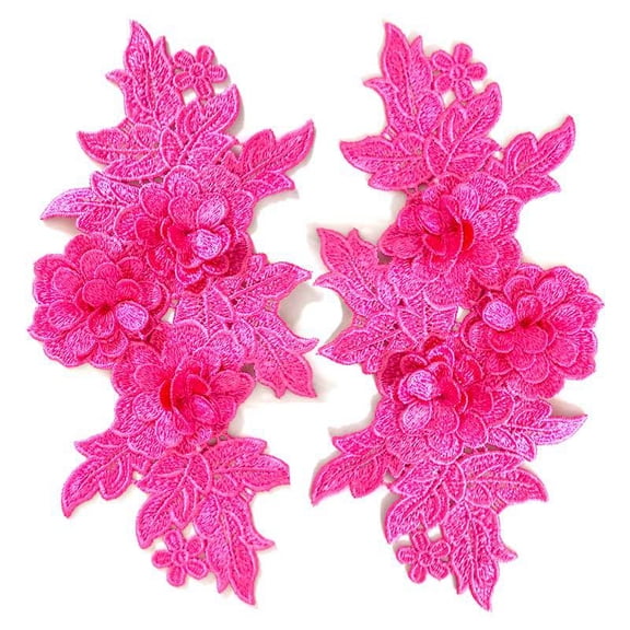 Namzi 1Pair Magenta Polyester 3D Floral Embroidery Lace Applique 9.84*5.12 In, Raised Flower Patch for Couture Neckline Garment Embellishment