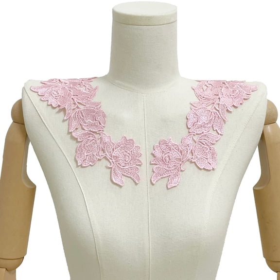 Namzi 1Pair Pink Polyester Floral Embroidered Shoulder Lace Applique 9.84*4.33 In, Symmetric Neckline Patch for DIY Garment Handcraft Accessory