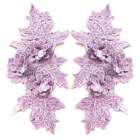 Namzi 1Pair Purple Polyester 3D Floral Embroidery Lace Applique 9.84*5.12 In, Raised Flower Patch for Couture Neckline Garment Embellishment