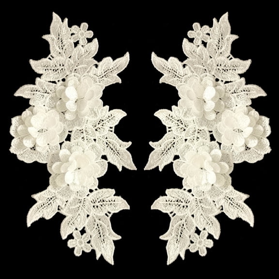 Namzi 1Pair White Polyester 3D Floral Embroidery Lace Applique 9.84*5.12 In, Raised Flower Patch for Couture Neckline Garment Embellishment