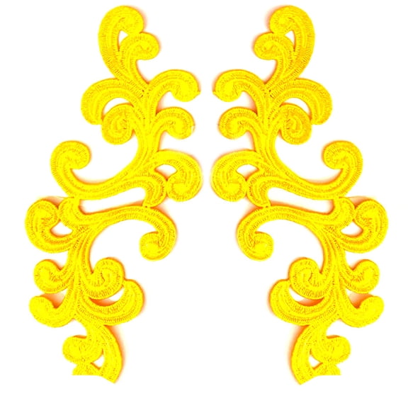 Namzi 1Pair Yellow Polyester Scroll Embroidery Lace Applique 7.87*3.54 Inch, Curly Pattern Fabric Patch for DIY Costumet Sewing Accessory