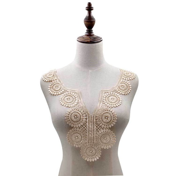 Namzi 1Pc Beige Water Soluble Embroidery Collar Applique, V-Neck Lace Neckline Trim, Decorative Applique for Sewing DIY Projects.