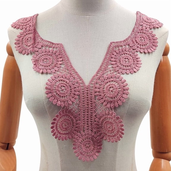 Namzi 1Pc Pink Water Soluble Embroidery Collar Applique, V-Neck Lace Neckline Trim, Decorative Applique for Sewing DIY Projects.