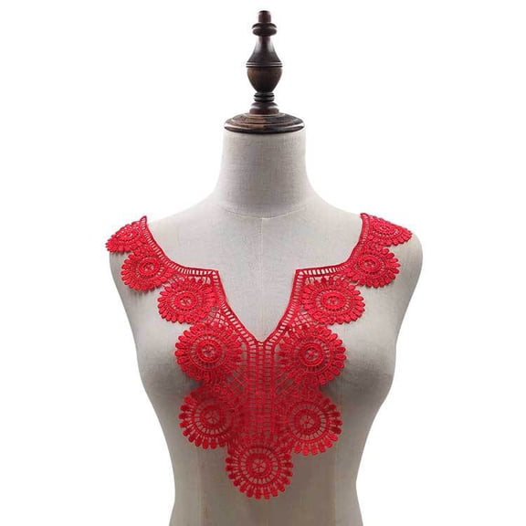 Namzi 1Pc Red Water Soluble Embroidery Collar Applique, V-Neck Lace Neckline Trim, Decorative Applique for Sewing DIY Projects.