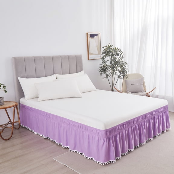 Namzi 1pc Bed Skirt Wrap Around Elastic Twin Size, Quality Wrinkle Resistant Dust Ruffle with Pom-Pom Trim,39*75inch,Light Purple
