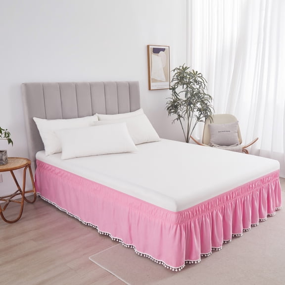 Namzi 1pc Bed Skirt Wrap Around Elastic Twin Size, Quality Wrinkle Resistant Dust Ruffle with Pom-Pom Trim,39*75inch,Pink