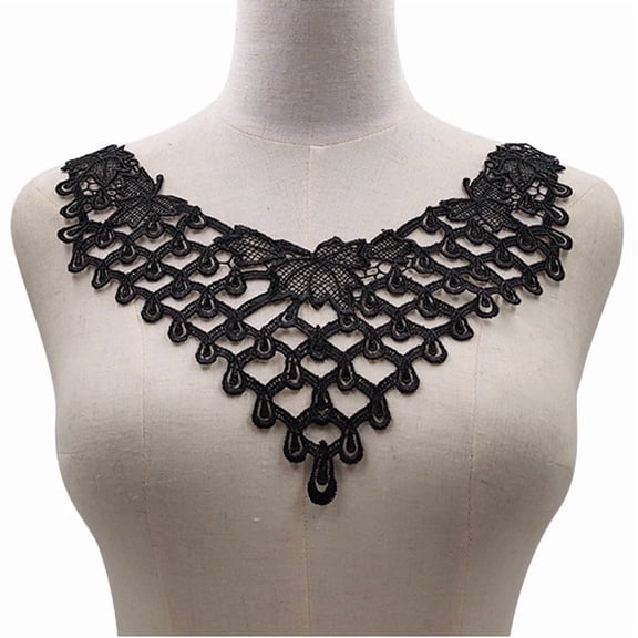 Namzi 1pc Black Water Soluble Lace Collar Patch, 3D Hollow Out Sew-On Neckline Trim, Polyester Thread Embroidery Chest Applique, DIY Clothing Decoration.
