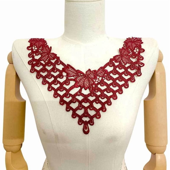 Namzi 1pc Deep wine red Water Soluble Lace Collar Patch, 3D Hollow Out Sew-On Neckline Trim, Polyester Thread Embroidery Chest Applique, DIY Clothing Decoration.
