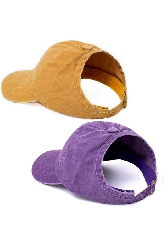 2 Pack Backless Puff Ponytail Hat for Women Curl Cap Natural Curly Hair Hat Baseball Cap Women Drawstring Ponytail Hat (PurleYellow)