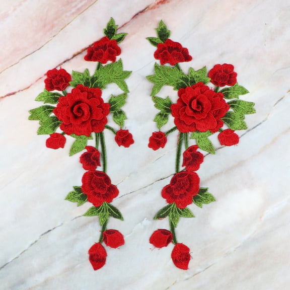 Namzi 2 Pcs Peony Flowers Patches Fabric Sew on Appliques Costume Dress Clothing Stickers Accessories,Red
