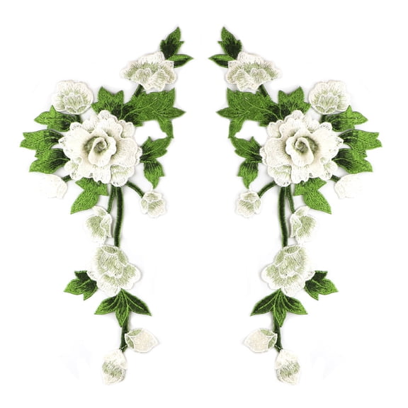 Namzi 2 Pcs Peony Flowers Patches Fabric Sew on Appliques Costume Dress Clothing Stickers Accessories,White