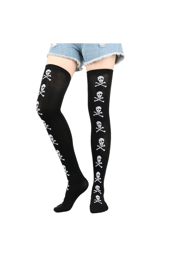 2 pairs Halloween Thigh High Long Stockings Over Knee Stockings Cosplay Festival Socks Black Skull Head